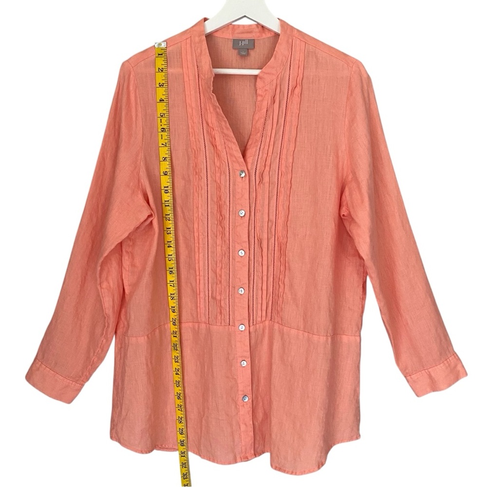 J JILL Shirt Linen Pin Tuck Button Down Tunic Long Sleeve Coral Peach Women L - Picture 6 of 12